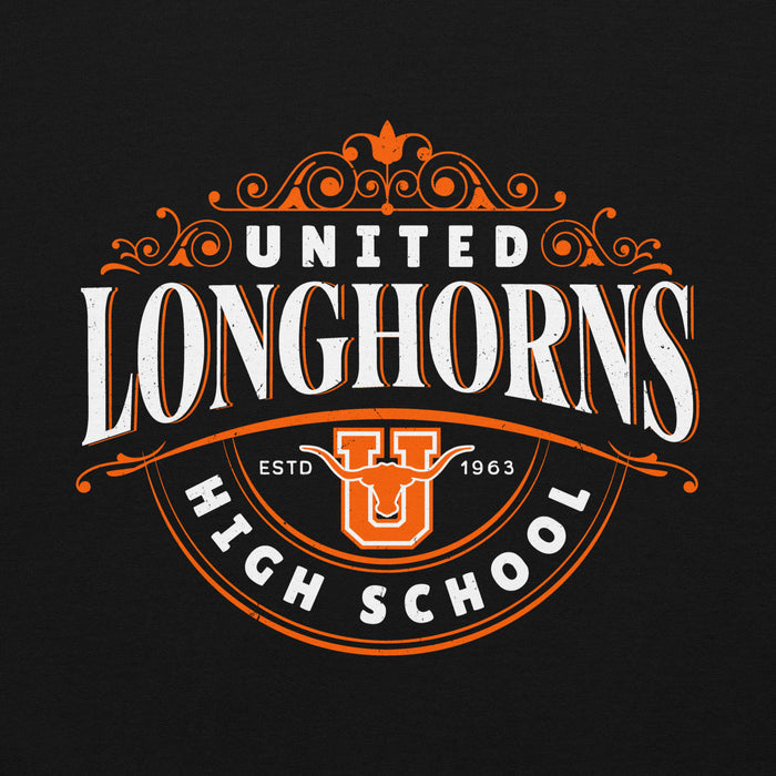 Close-up view of United High School Longhorns Black Classic Unisex Hoodie 211