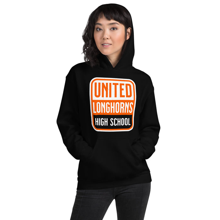 Woman wearing United High School Longhorns Black Classic Unisex Hoodie 001