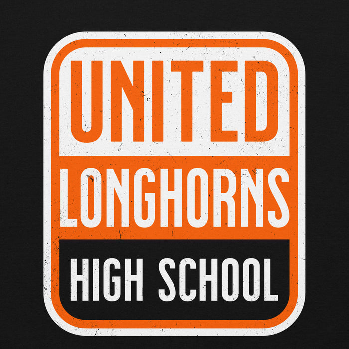 Close-up view of United High School Longhorns Black Classic Unisex Hoodie 001