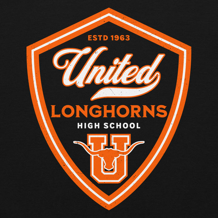 Close-up view of United High School Longhorns Black Classic Unisex Hoodie 225