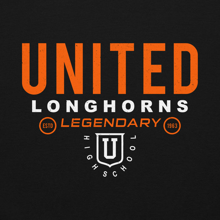 Close-up view of United High School Longhorns Black Classic Unisex Hoodie 003