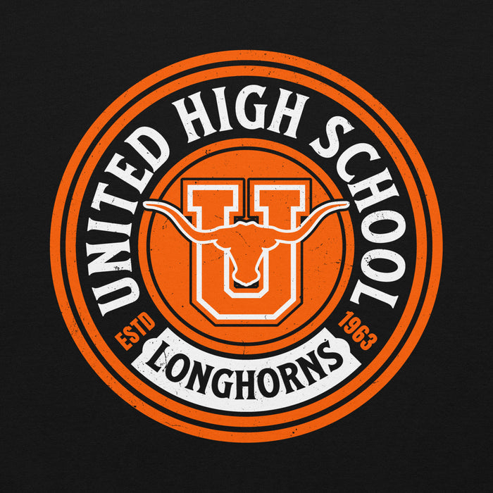 Close-up view of United High School Longhorns Black Classic Unisex Hoodie 220