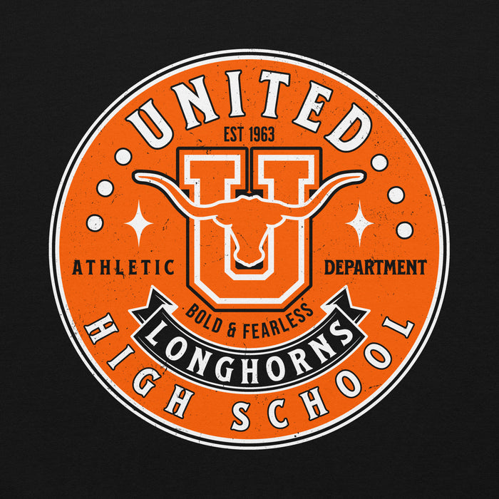 Close-up view of United High School Longhorns Black Classic Unisex Hoodie 215