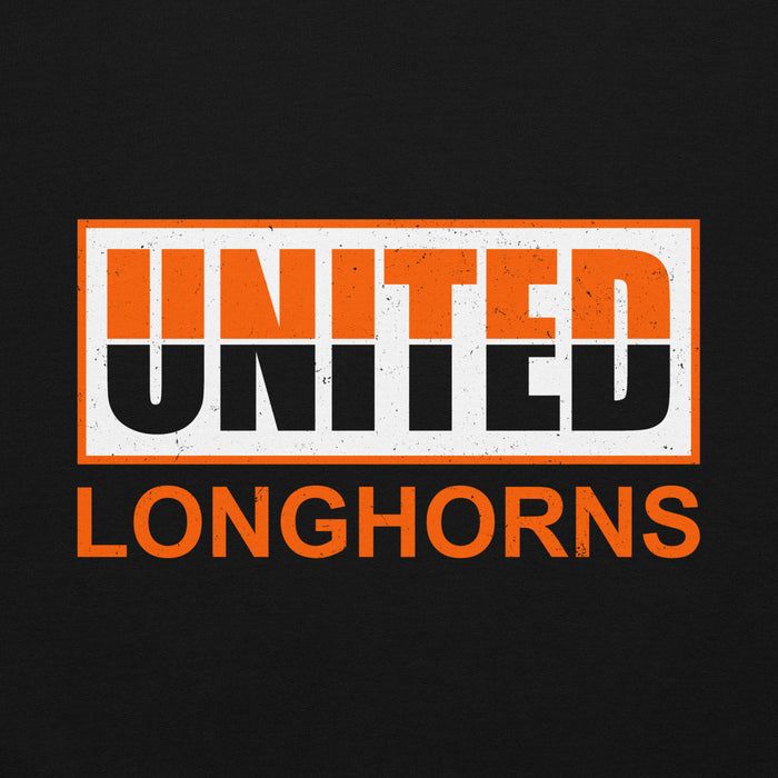 Close-up view of United High School Longhorns Black Classic Unisex Hoodie 031