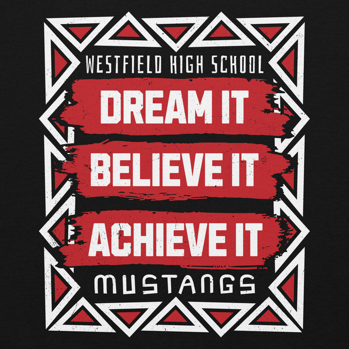 Close-up view of Westfield High School Mustangs Black Classic Unisex Hoodie 202