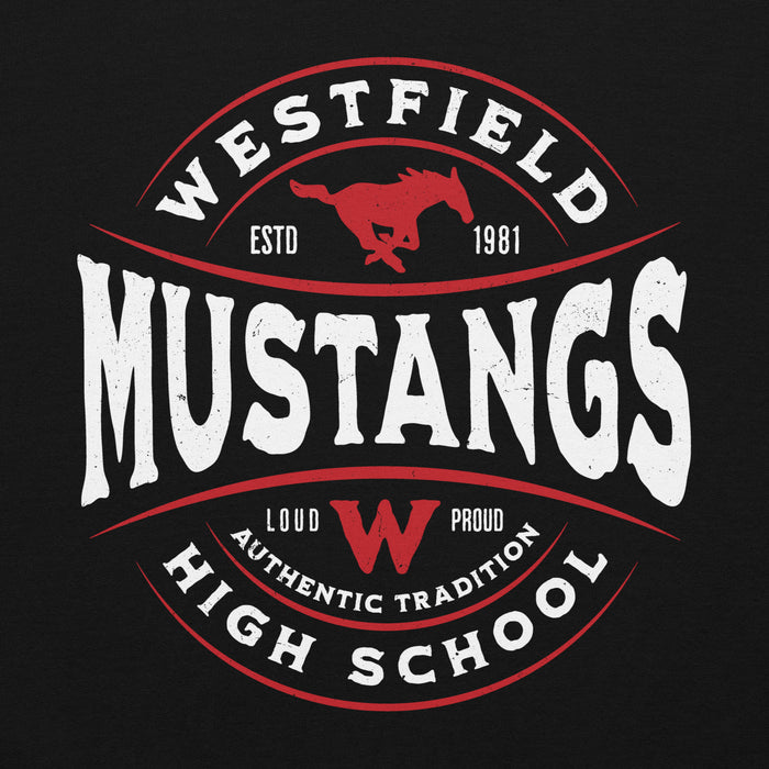 Close-up view of Westfield High School Mustangs Black Classic Unisex Hoodie 218