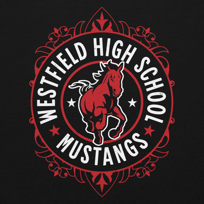 Close-up view of Westfield High School Mustangs Black Classic Unisex Hoodie 227