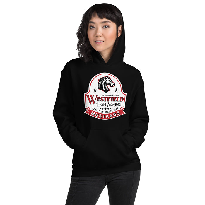 Woman wearing Westfield High School Mustangs Black Classic Unisex Hoodie 219