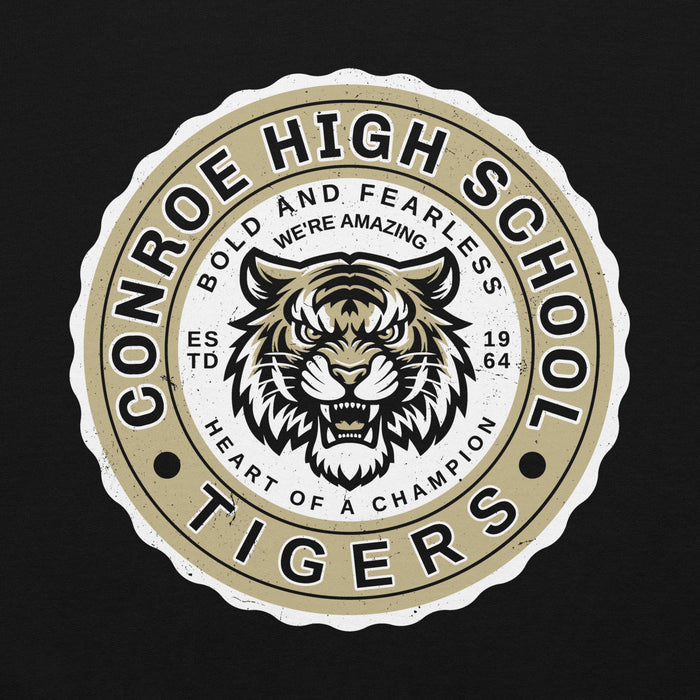 Close-up view of Conroe High School Tigers Black Classic Unisex Hoodie 216