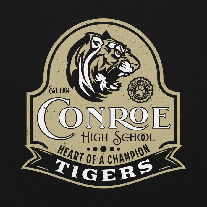 Close-up view of Conroe High School Tigers Black Classic Unisex Hoodie 219