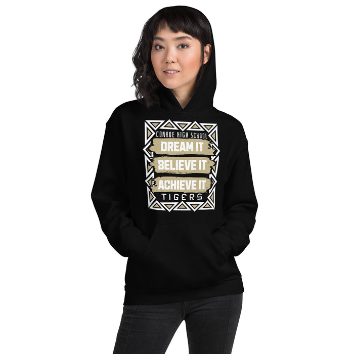 Woman wearing Conroe High School Tigers Black Classic Unisex Hoodie 228