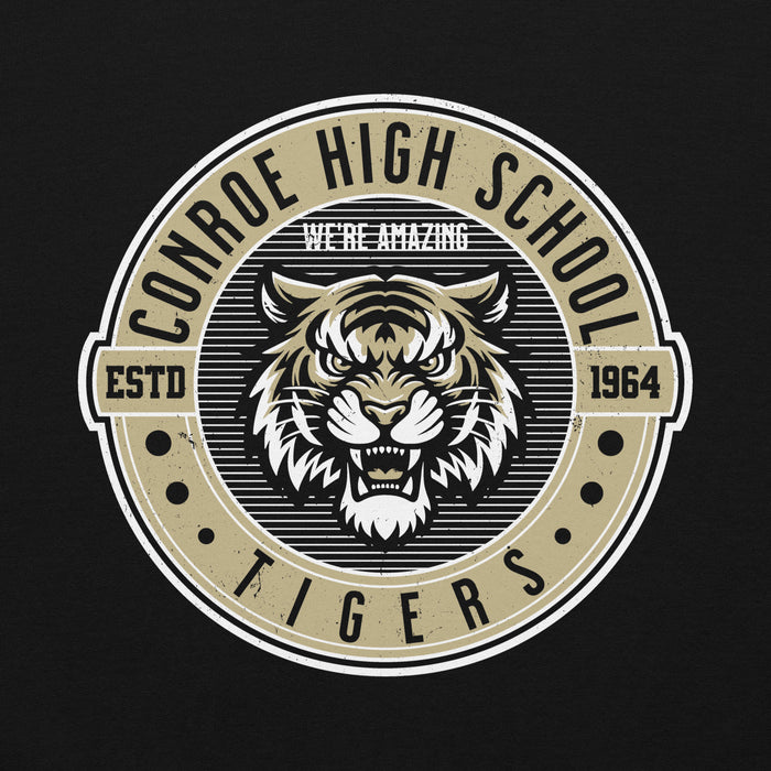 Close-up view of Conroe High School Tigers Black Classic Unisex Hoodie 224