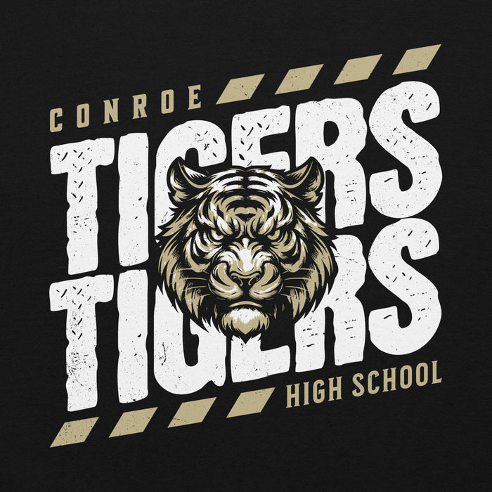Close-up view of Conroe High School Tigers Black Classic Unisex Hoodie 223