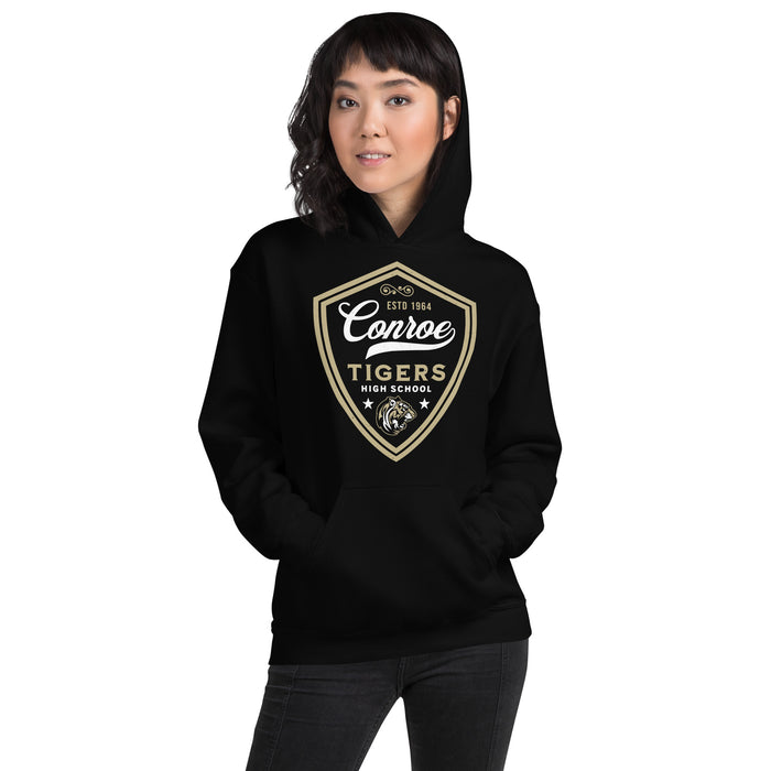 Woman wearing Conroe High School Tigers Black Classic Unisex Hoodie 225