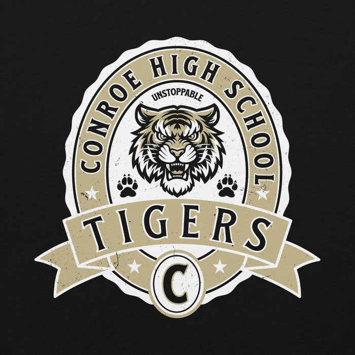 Close-up view of Conroe High School Tigers Black Classic Unisex Hoodie 212