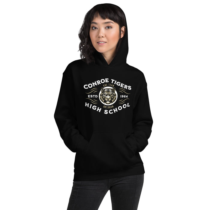 Woman wearing Conroe High School Tigers Black Classic Unisex Hoodie 230