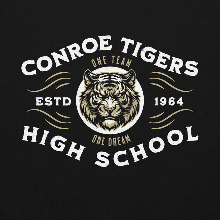 Close-up view of Conroe High School Tigers Black Classic Unisex Hoodie 230