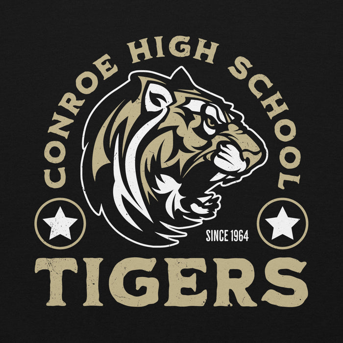 Close-up view of Conroe High School Tigers Black Classic Unisex Hoodie 208