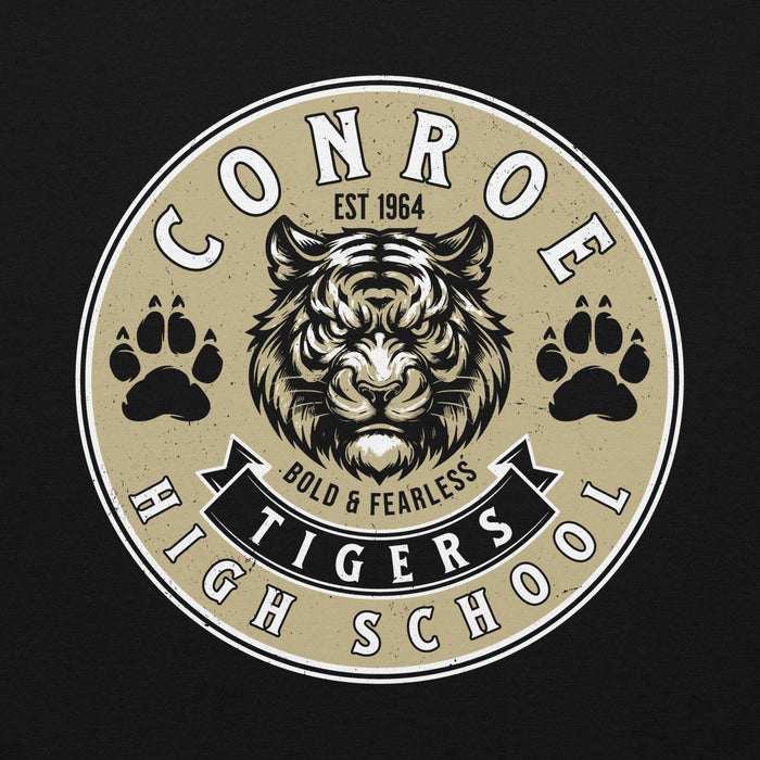 Close-up view of Conroe High School Tigers Black Classic Unisex Hoodie 215