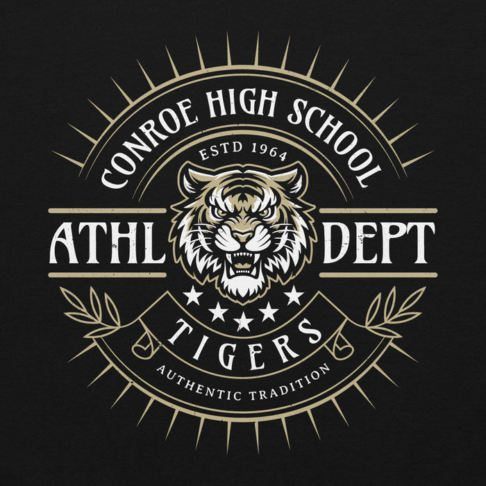 Close-up view of Conroe High School Tigers Black Classic Unisex Hoodie 201