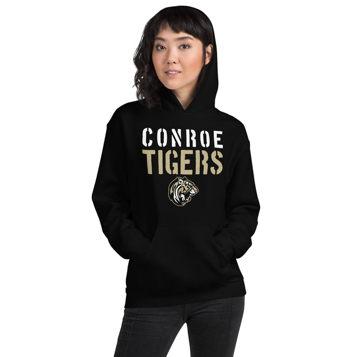 Woman wearing Conroe High School Tigers Black Classic Unisex Hoodie 017