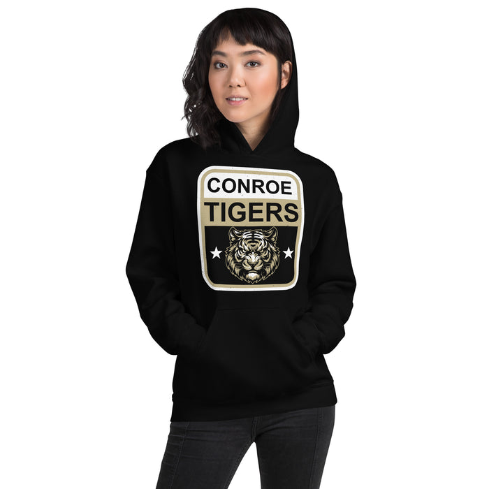 Woman wearing Conroe High School Tigers Black Classic Unisex Hoodie 001