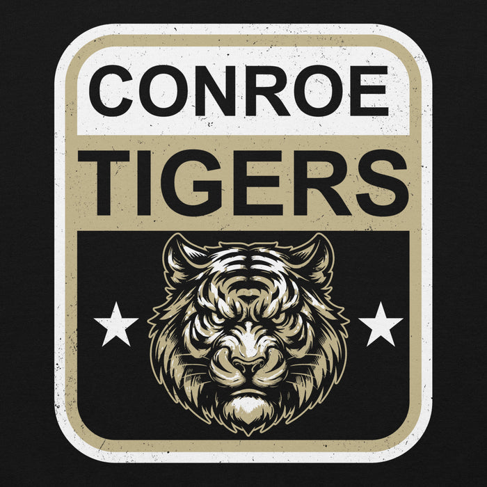 Close-up view of Conroe High School Tigers Black Classic Unisex Hoodie 001