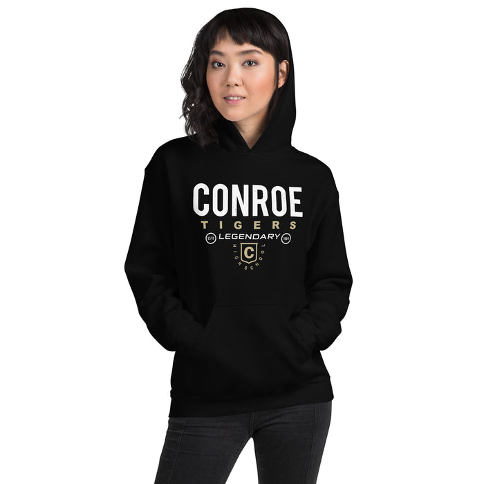 Woman wearing Conroe High School Tigers Black Classic Unisex Hoodie 003