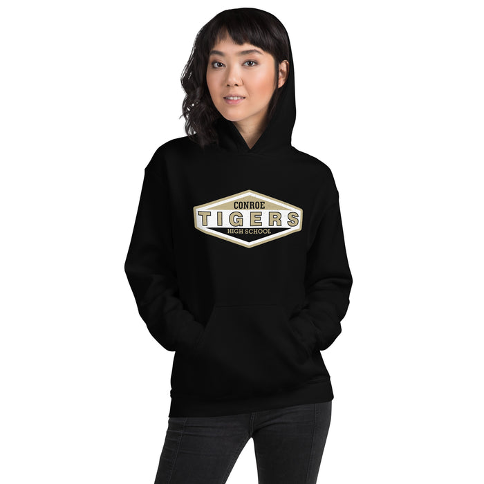 Woman wearing Conroe High School Tigers Black Classic Unisex Hoodie 009