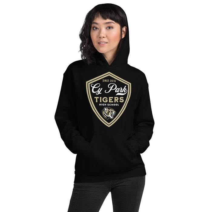 Woman wearing Cypress Park High School Tigers Black Classic Unisex Hoodie 225