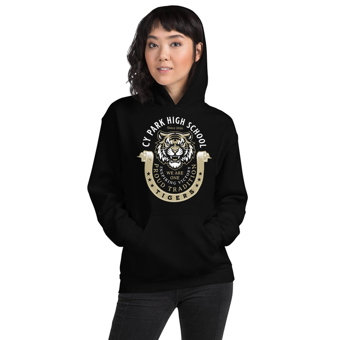 Woman wearing Cypress Park High School Tigers Black Classic Unisex Hoodie 229