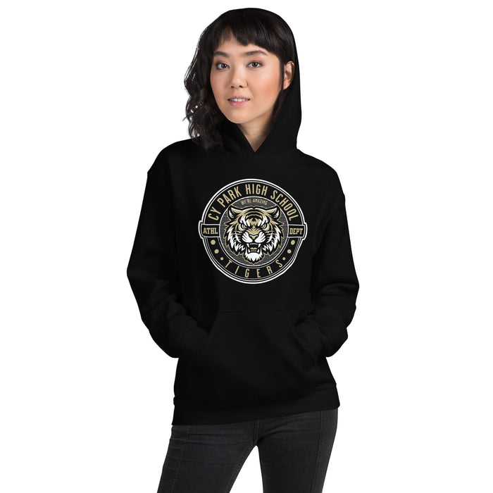 Woman wearing Cypress Park High School Tigers Black Classic Unisex Hoodie 224