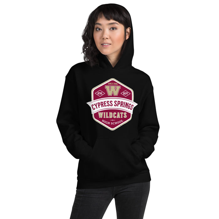 Woman wearing Cypress Woods High School Wildcats Black Classic Unisex Hoodie 209