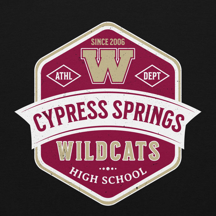 Close-up view of Cypress Woods High School Wildcats Black Classic Unisex Hoodie 209