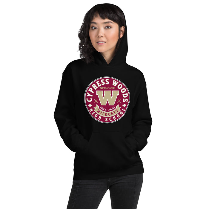 Woman wearing Cypress Woods High School Wildcats Black Classic Unisex Hoodie 215