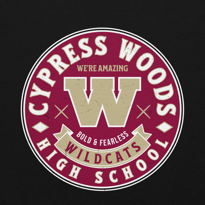 Close-up view of Cypress Woods High School Wildcats Black Classic Unisex Hoodie 215