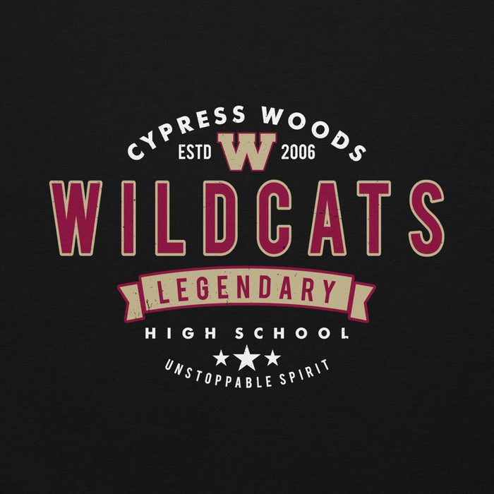 Close-up view of Cypress Woods High School Wildcats Black Classic Unisex Hoodie 044