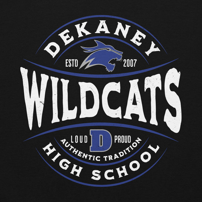 Close-up view of Dekaney High School Wildcats Black Classic Unisex Hoodie 218