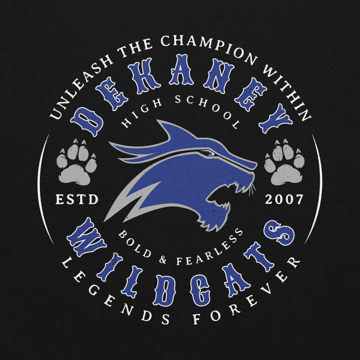 Close-up view of Dekaney High School Wildcats Black Classic Unisex Hoodie 214