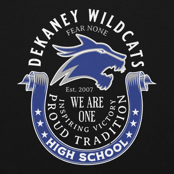Close-up view of Dekaney High School Wildcats Black Classic Unisex Hoodie 229