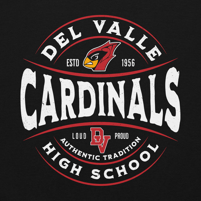 Close-up view of Del Valle High School Cardinals Black Classic Unisex Hoodie 218