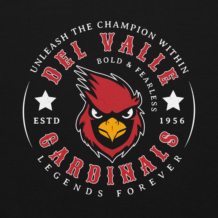 Close-up view of Del Valle High School Cardinals Black Classic Unisex Hoodie 214