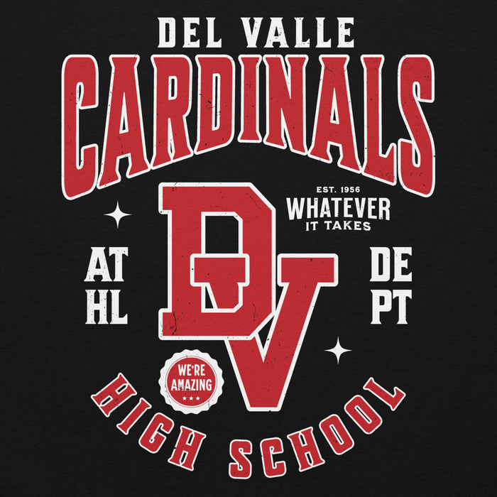 Close-up view of Del Valle High School Cardinals Black Classic Unisex Hoodie 213
