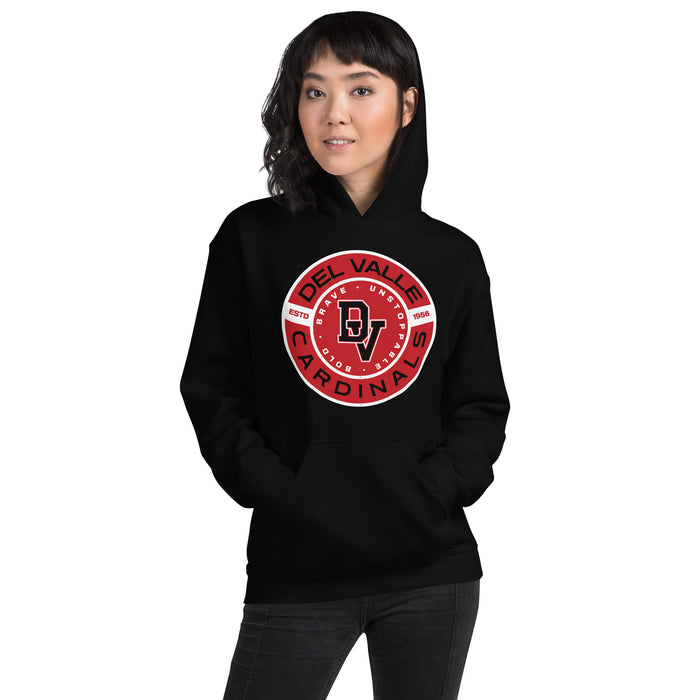 Woman wearing Del Valle High School Cardinals Black Classic Unisex Hoodie 239