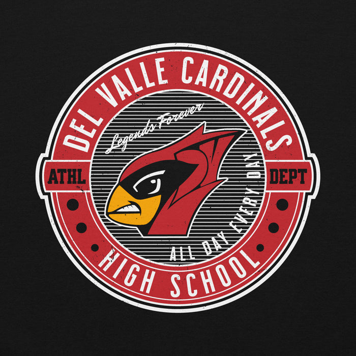 Close-up view of Del Valle High School Cardinals Black Classic Unisex Hoodie 224