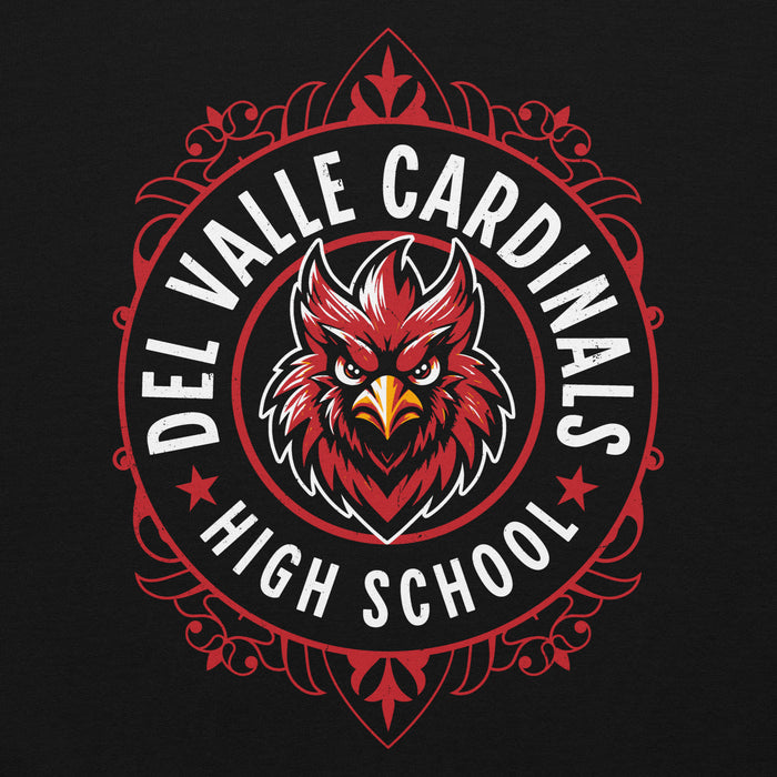Close-up view of Del Valle High School Cardinals Black Classic Unisex Hoodie 227