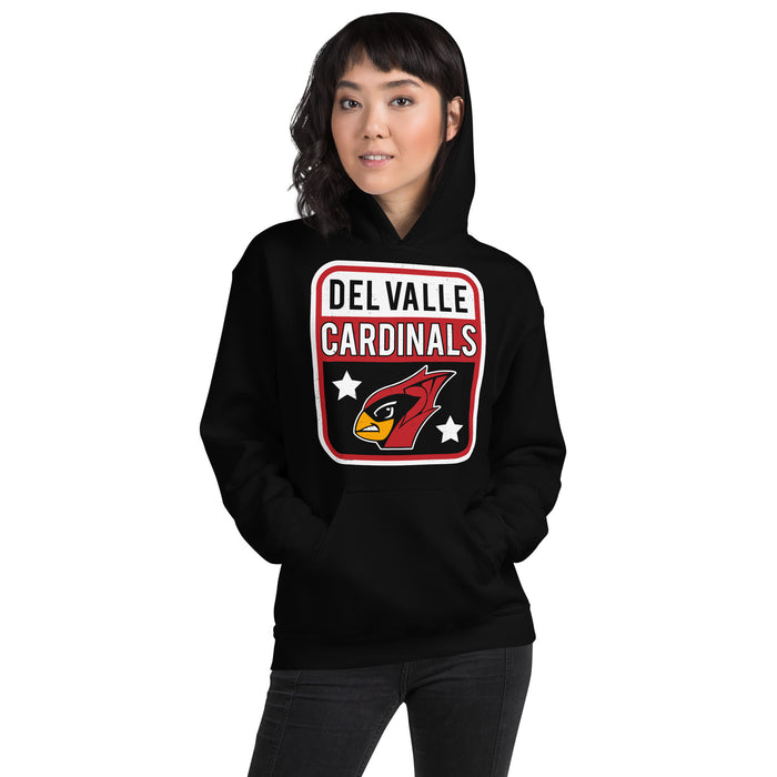 Woman wearing Del Valle High School Cardinals Black Classic Unisex Hoodie 001