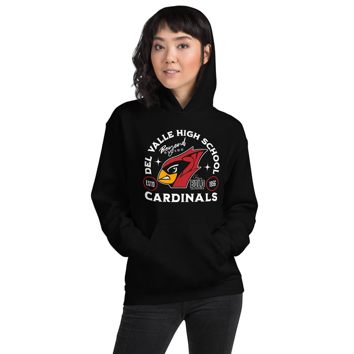 Woman wearing Del Valle High School Cardinals Black Classic Unisex Hoodie 208