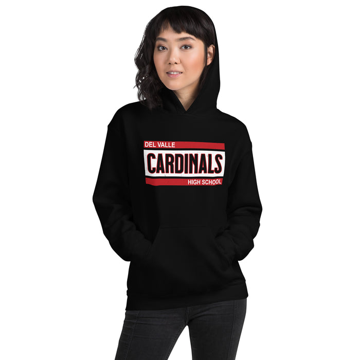 Woman wearing Del Valle High School Cardinals Black Classic Unisex Hoodie 098
