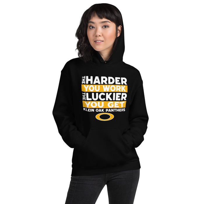 Woman wearing Klein Oak High School Panthers Black Classic Unisex Hoodie 238